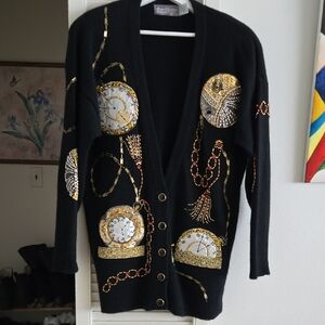 Marisa Christina Black Cardigan with Gold and Silver Accents Excellent Condition